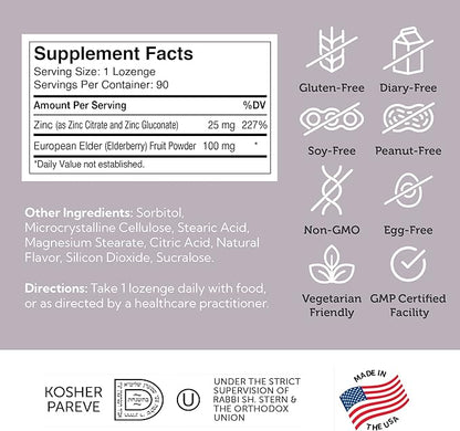 90 Count Bottle of Zahler Zinc Elderberry Lozenges Showing Lozenge Size and Quantity