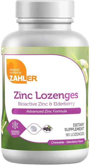 Back Label of Zahler Elderberry Zinc Lozenges Listing Zinc Benefits and Elderberry Immune Booster Ingredients