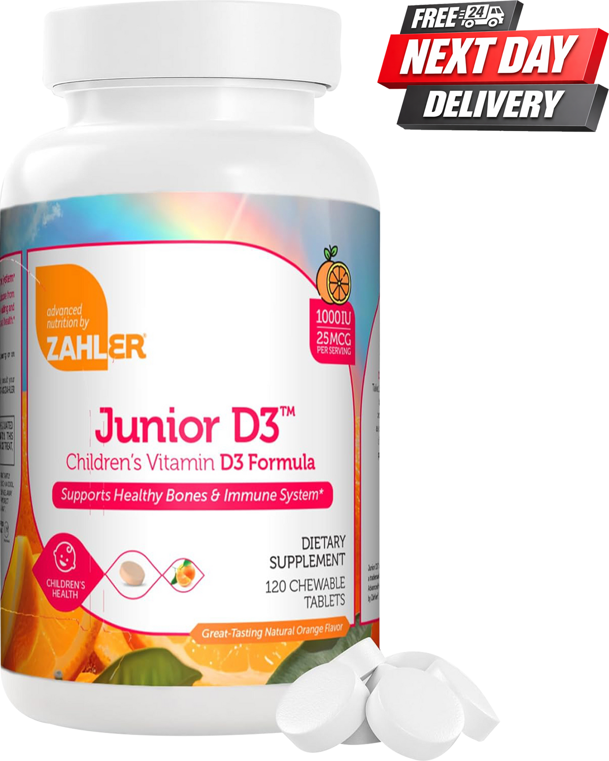 Zahler Junior D3 Vitamin D3 for Kids Bottle, 1000 IU Orange Flavour, 120 Chewable Tablets