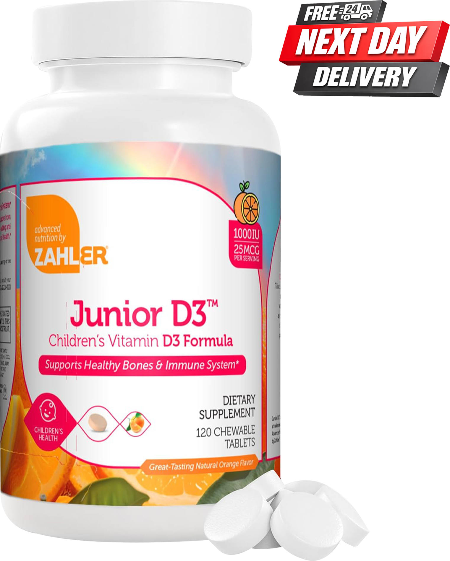Zahler Junior D3 Vitamin D3 for Kids Bottle, 1000 IU Orange Flavour, 120 Chewable Tablets