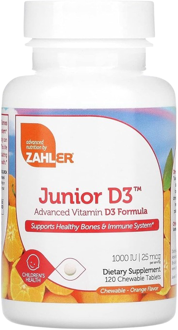 Junior D3 Kids Vitamin D Bottle Angled View Showing 1000 IU Chewable Tablet Label 