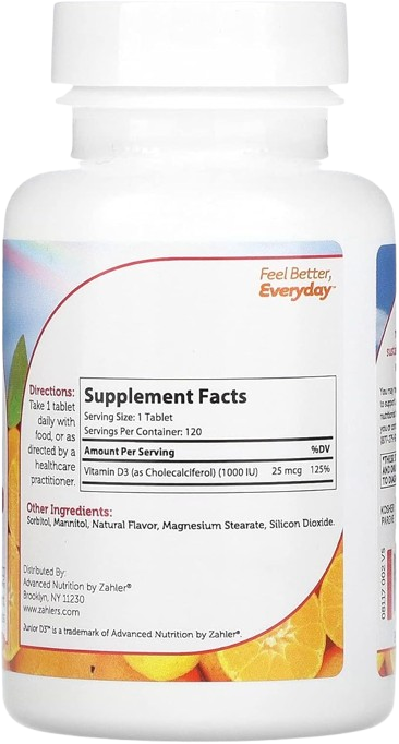 Supplement Facts Panel for Junior D3 Showing Cholecalciferol 1000 IU Dosage for Kids