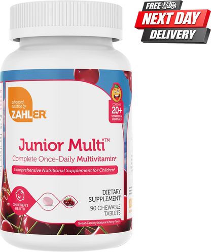 Zahler Junior Multi Kids Multivitamin Chewable Tablets Bottle, Cherry Flavour, 90 Tablets