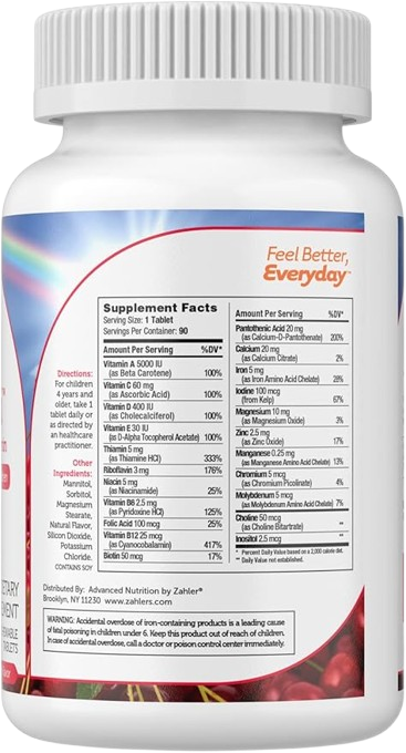 Junior Multi Kids Multivitamin Bottle Angled View Showing Cherry Flavour Tablet Label
