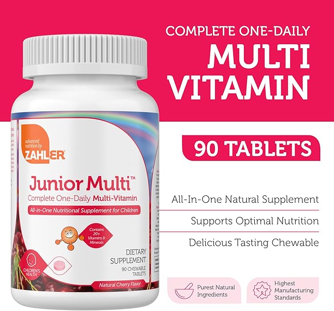 Supplement Facts Panel for Junior Multi Showing 23 Essential Vitamins and Minerals for Kids