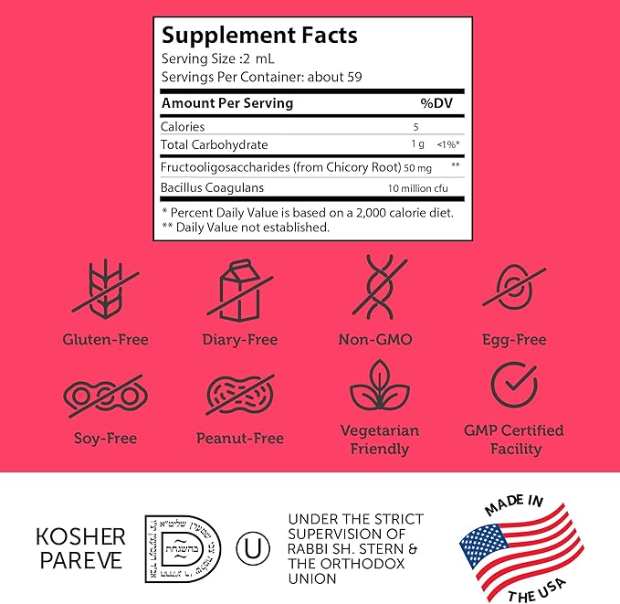 Supplement Facts Panel for Kidophilus Liquid Showing Bacillus Coagulans CFU Dosage