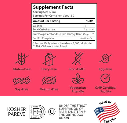 Supplement Facts Panel for Kidophilus Liquid Showing Bacillus Coagulans CFU Dosage