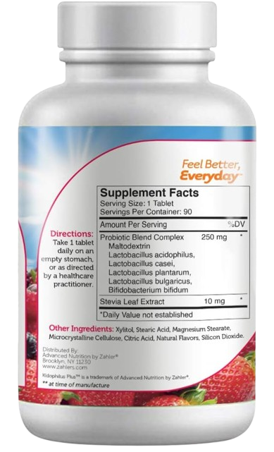 Kidophilus Plus Kids Probiotic Bottle Angled View Showing Berry Flavour Tablet Label