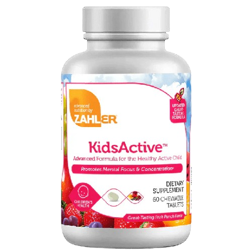 60 Tablet Bottle of Zahler KidsActive Fruit Punch Focus Supplement for Kids