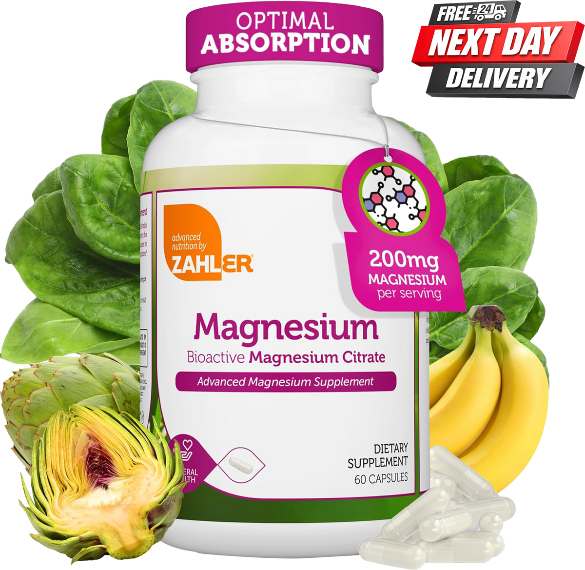Zahler Magnesium Citrate 200mg Capsules Bottle, 60 Count Bioactive Magnesium Supplement