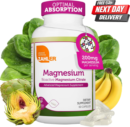 Zahler Magnesium Citrate 200mg Capsules Bottle, 60 Count Bioactive Magnesium Supplement
