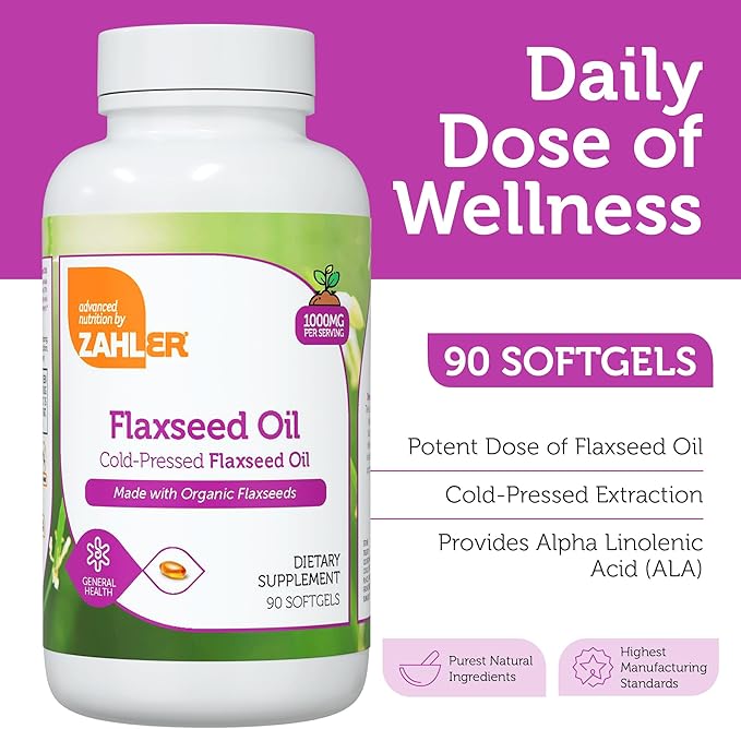 Flaxseed Oil Softgel Bottle Angled View Showing Cold Pressed Organic Flaxseed Oil Label