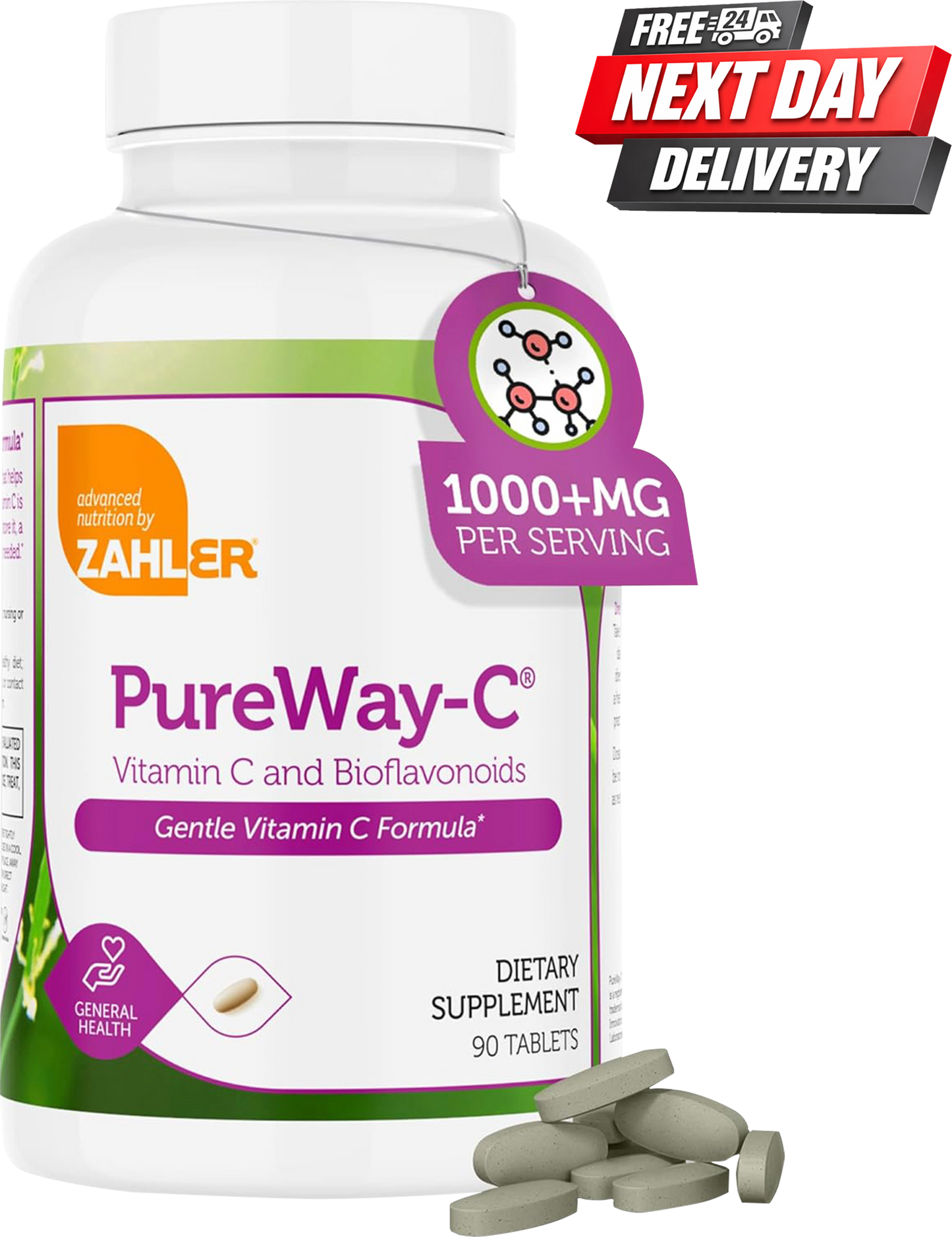 Zahler PureWay-C Vitamin C 1000mg Tablets Bottle with Bioflavonoids, 90 Count