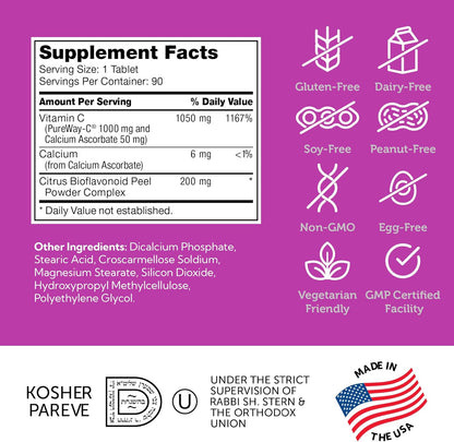 PureWay-C Vitamin C 1000mg Tablet Bottle Angled View Showing High Strength Supplement Label