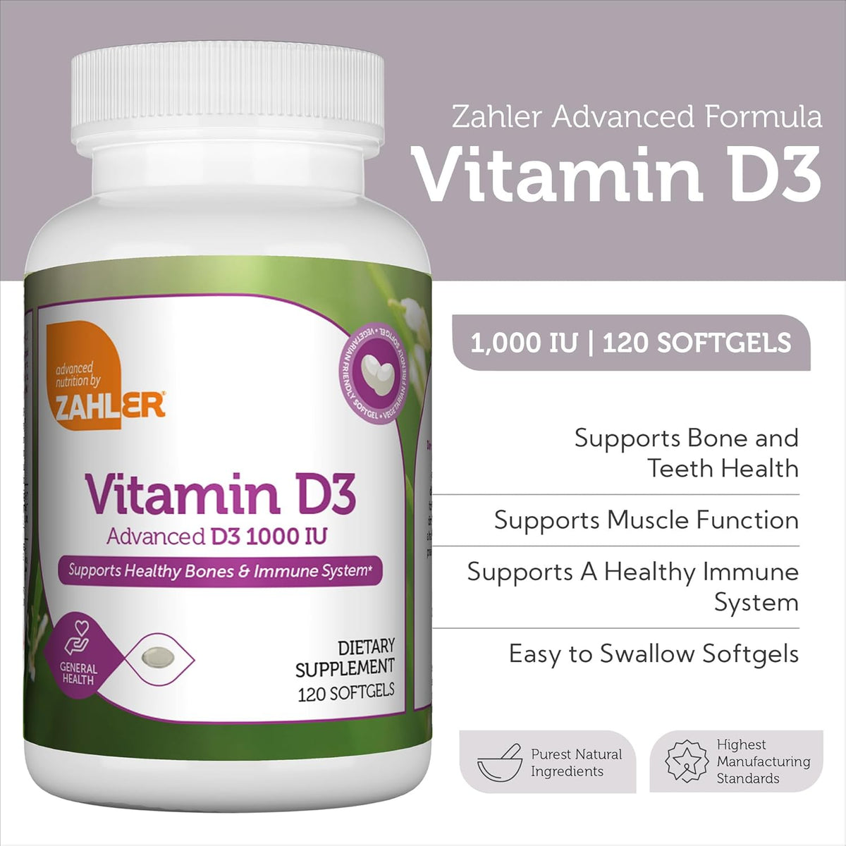 Supplement Facts Panel for Vitamin D3 1000 IU Softgels Showing Cholecalciferol Dosage