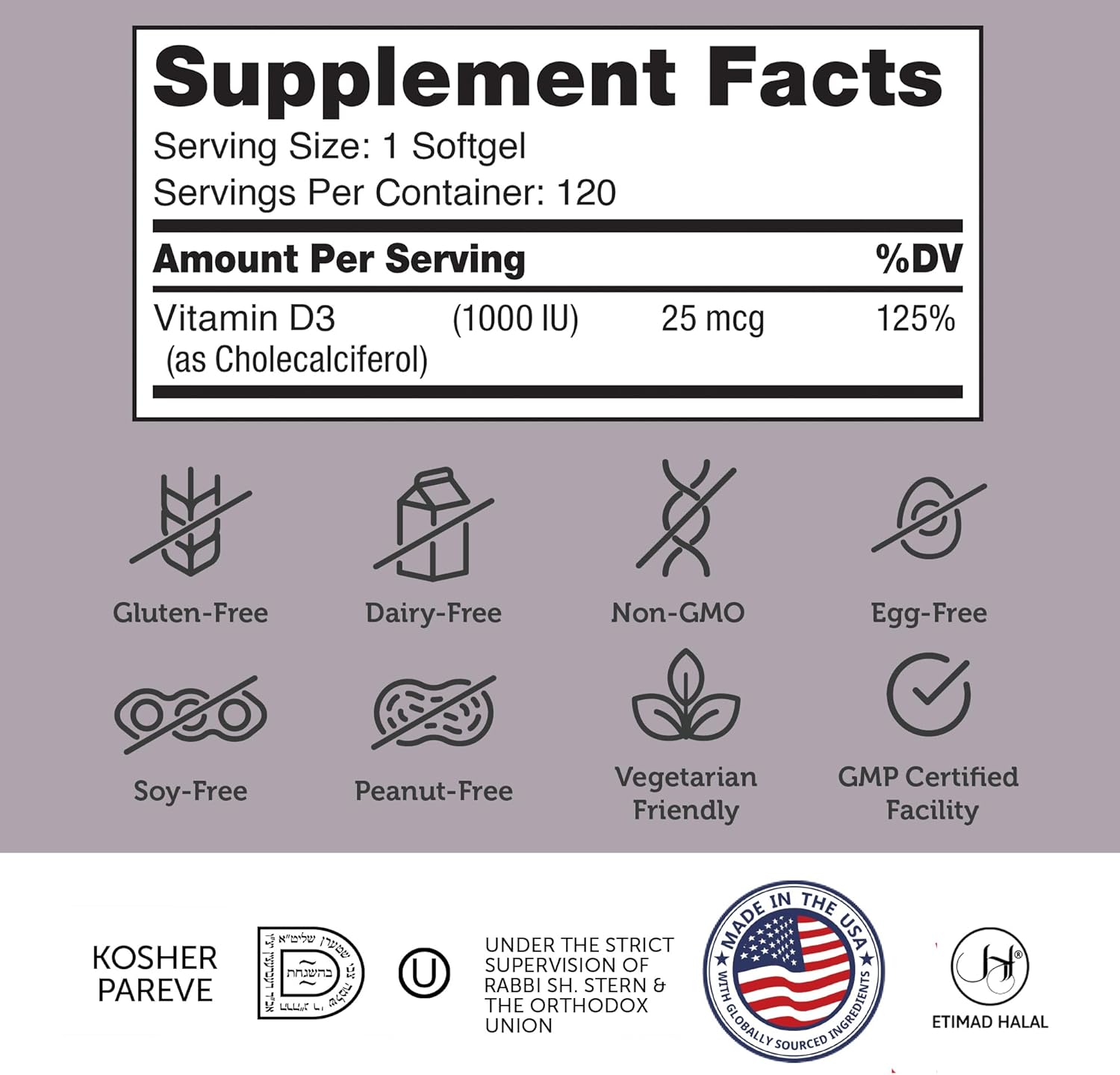 Vitamin D3 Cholecalciferol Ingredients Label for Bone Health and Immune Support Softgels