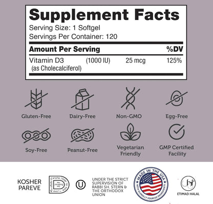 Vitamin D3 Cholecalciferol Ingredients Label for Bone Health and Immune Support Softgels