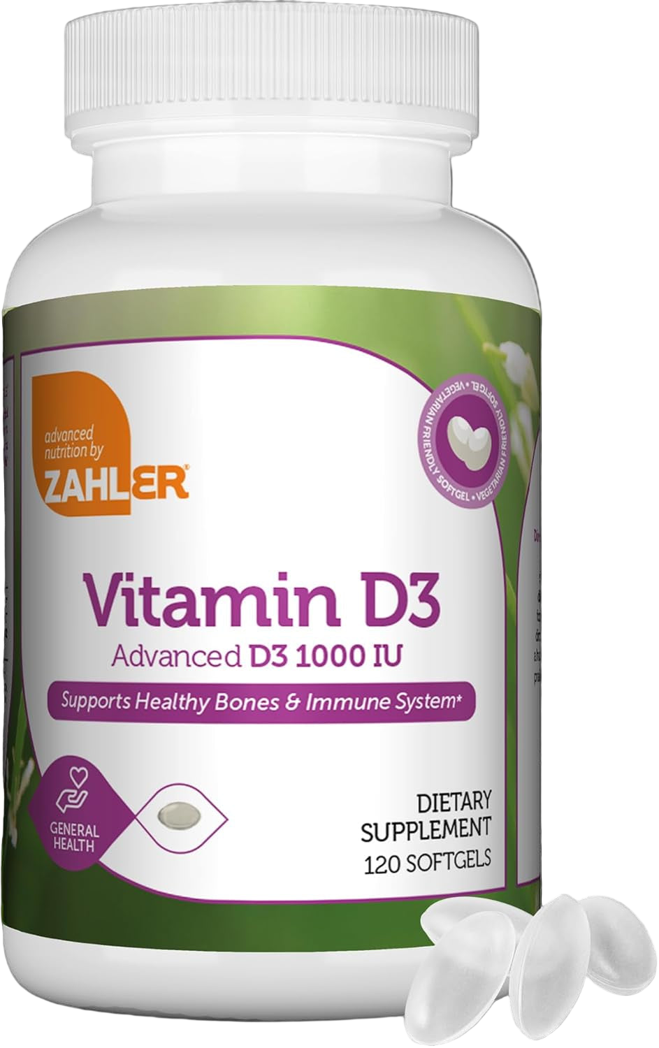 120 Count Bottle of Zahler Vitamin D3 1000 IU Softgels Showing Softgel Size