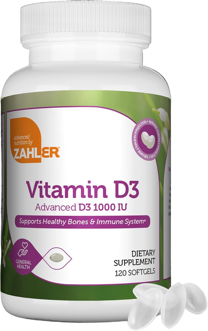 120 Count Bottle of Zahler Vitamin D3 1000 IU Softgels Showing Softgel Size