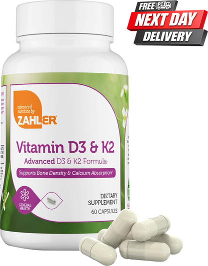 Zahler Vitamin D3 K2 Capsules Bottle 5000 IU D3 and 180mcg K2, 60 Capsules