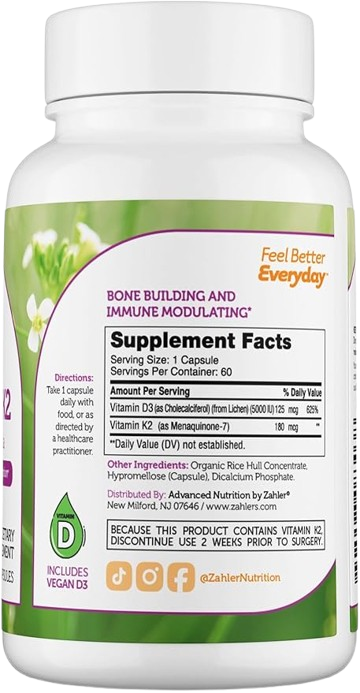 Vitamin D3 and K2 Capsule Bottle Side Angle Showing Bone Density Supplement Label