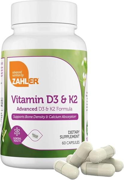 Back Label of Zahler Vitamin D3 K2 Capsules Listing Calcium Absorption and Bone Density Benefits