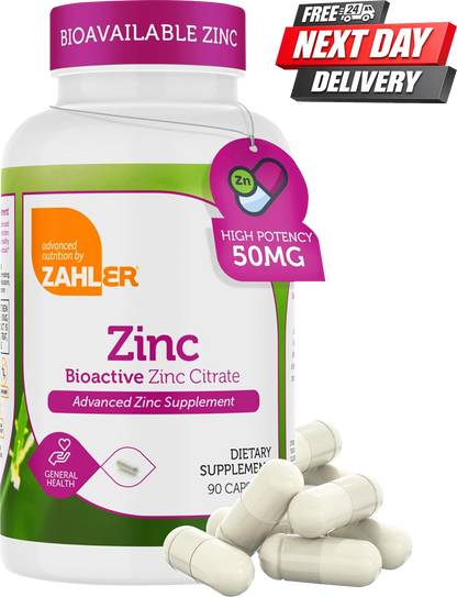 Zahler Zinc Support 50mg Zinc Citrate Capsules Bottle, 90 Count Immune Support Supplement