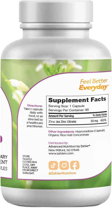 Zinc Support Capsule Bottle Angled View Showing 50mg Zinc Citrate Supplement Label