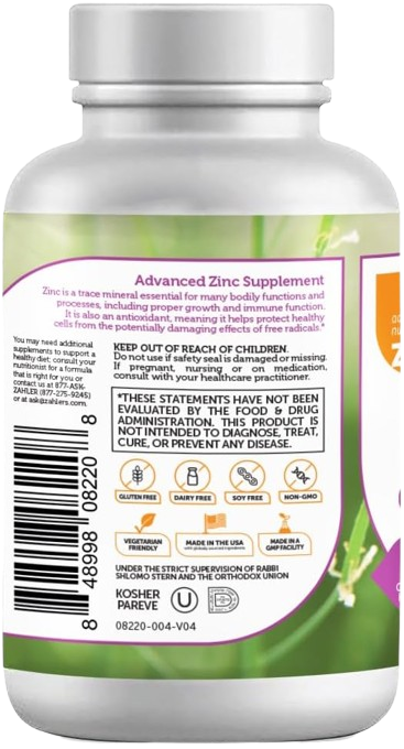 Supplement Facts Panel for Zahler Zinc Support Showing 50mg Zinc Citrate Per Capsule